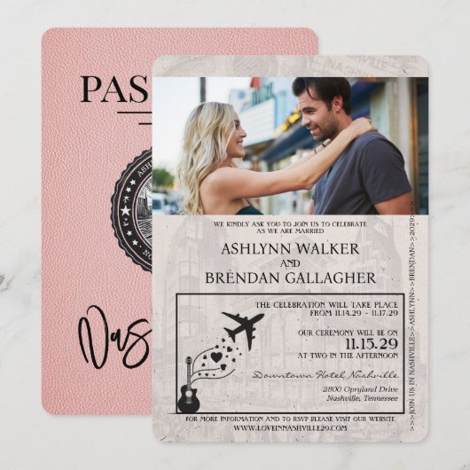 Roze Nashville Passport bruiloft uitnodiging (Voorkant / Achterkant)