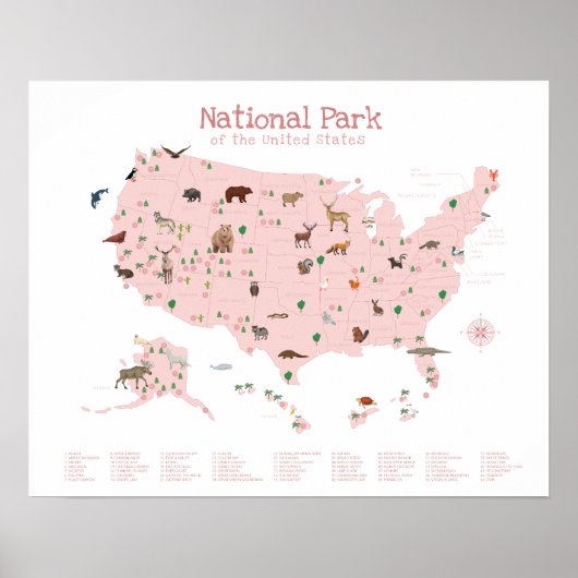 Roze Nationaal Park Kaart Woodland Nursery Print (Voorkant)