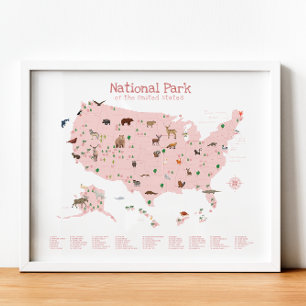 Roze Nationaal Park Kaart Woodland Nursery Print
