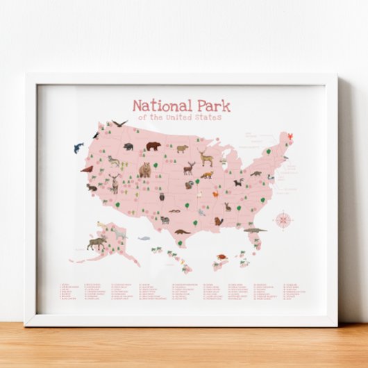 Roze Nationaal Park Kaart Woodland Nursery Print