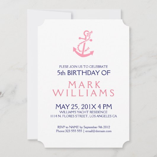 Roze Nautical Anchor Birthday Party nodigt uit Kaart (Voorkant)
