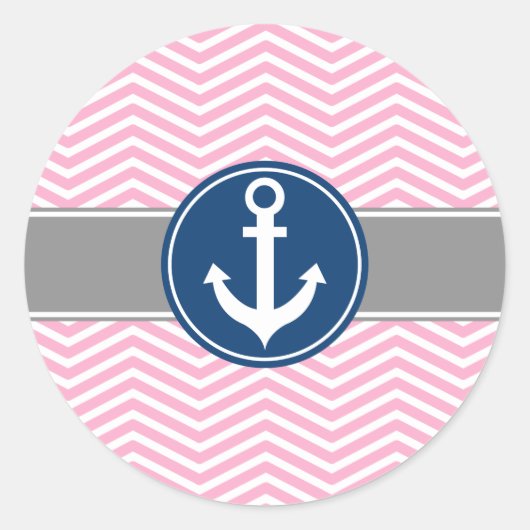 Roze Nautical Anchor Chevron Ronde Sticker (Voorkant)