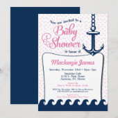 Roze Nautical Baby shower Invitation Retro Girl Kaart (Voorkant / Achterkant)