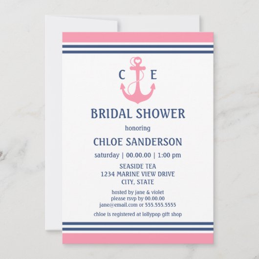 Roze Nautical Bridal Shower Invitations Kaart (Voorkant)