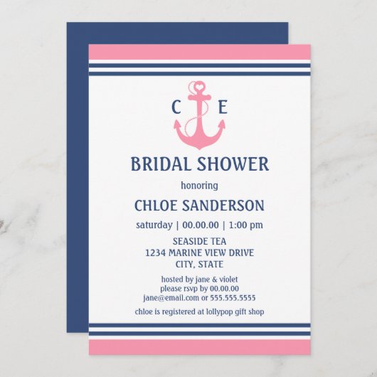 Roze Nautical Bridal Shower Invitations Kaart (Voorkant / Achterkant)