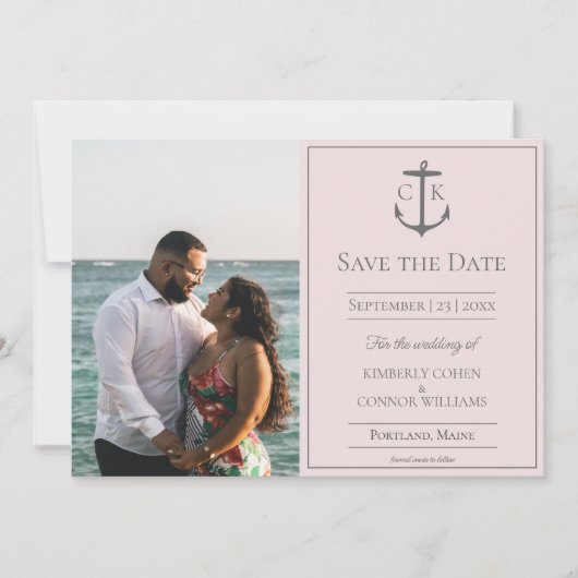 Roze Nautical Monogram Foto de datum opslaan Save The Date (Voorkant)