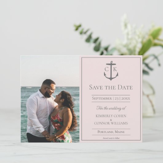 Roze Nautical Monogram Foto de datum opslaan Save The Date (Staand voorkant)