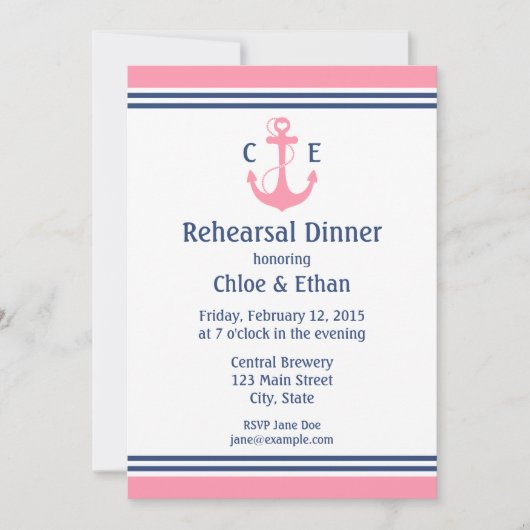 Roze Nautical Rehearsal Dinner Invitations Kaart (Voorkant)
