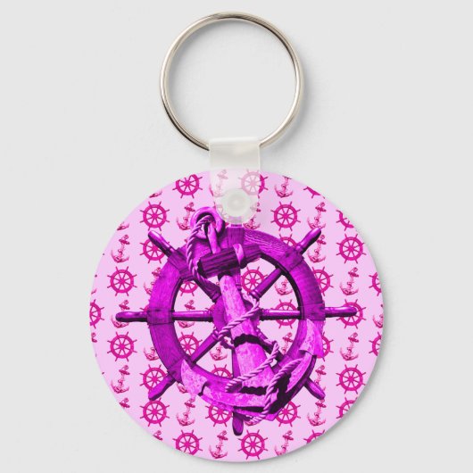 Roze Nautical Ships Wheel and Anchor Sleutelhanger (Voorkant)