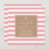 Roze Nautical Stripes Baby shower Invitation Kaart (Voorkant / Achterkant)