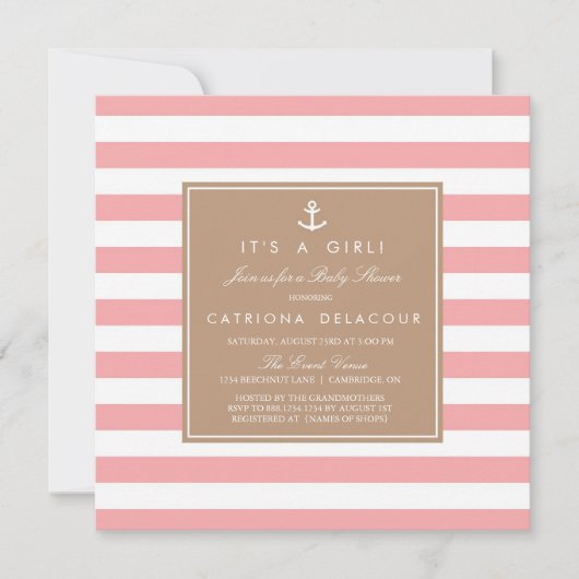 Roze Nautical Stripes Baby shower Invitation Kaart (Voorkant)