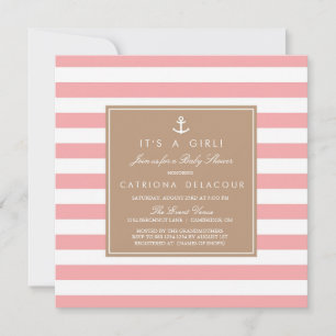 Roze Nautical Stripes Baby shower Invitation Kaart