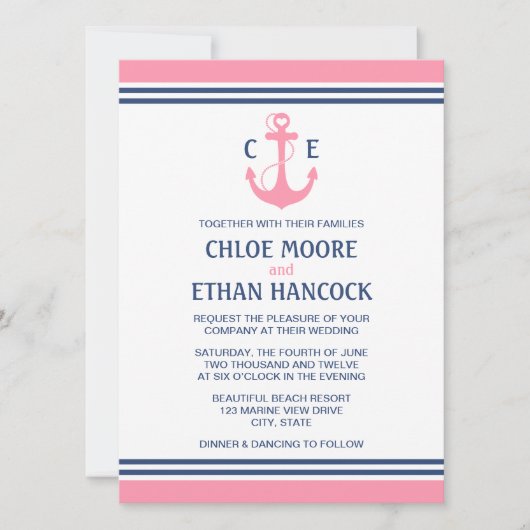 Roze Nautical Wedding Invitations Kaart (Voorkant)