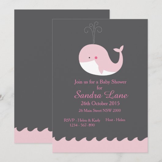 Roze Nautical Whale Baby shower Invitation Kaart (Voorkant / Achterkant)