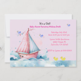 Roze Nautilus Zeilboot Meisje Baby Shower Uitnodig Kaart