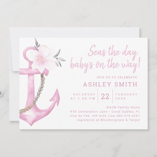 Roze Nautisch Anker Baby shower Uitnodiging (Voorkant)