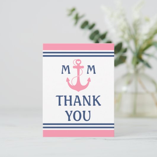 Roze Nautisch Hart Anker Dank u Briefkaart (Staand voorkant)