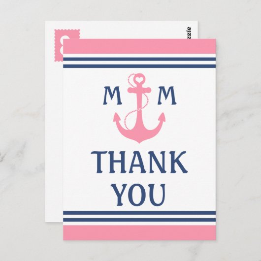 Roze Nautisch Hart Anker Dank u Briefkaart (Voorkant / Achterkant)