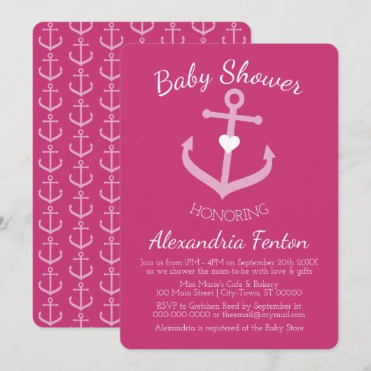 Roze Nautisch thema Baby shower Uitnodiging (Voorkant / Achterkant)