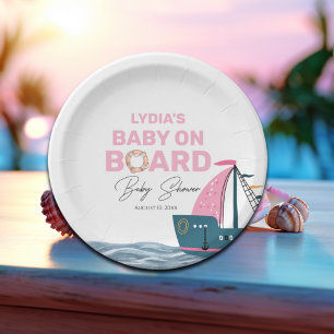 Roze Nautische Baby aan boord Baby shower Papieren Bordje