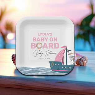 Roze Nautische Baby aan boord Baby shower Papieren Bordje