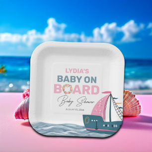 Roze Nautische Baby aan boord Baby shower Papieren Bordje