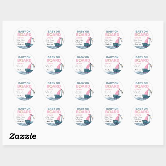 Roze Nautische Baby aan boord Baby shower Ronde Sticker (Vel)