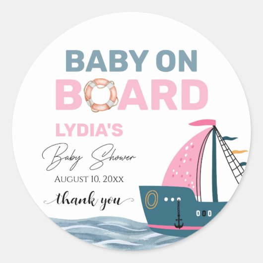 Roze Nautische Baby aan boord Baby shower Ronde Sticker (Voorkant)