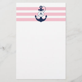 Roze Nautische strips met anker monogram Briefpapier