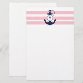 Roze Nautische strips met anker monogram Briefpapier (Voorkant / Achterkant)