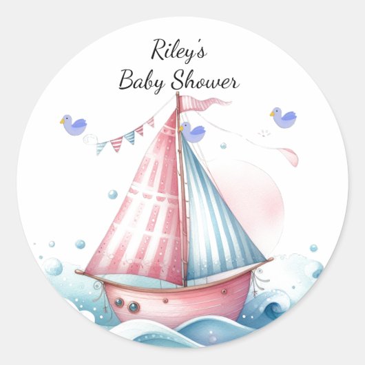 Roze Nautische Zeilboot Baby shower Classic Ronde Sticker (Voorkant)