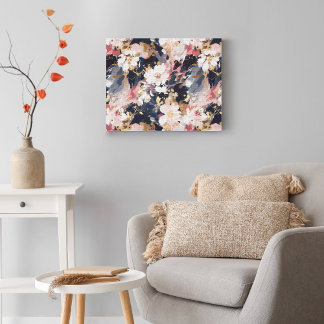 Roze Navy Abstract schilderij Bloemenmotief Canvas Afdruk