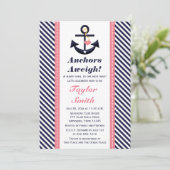Roze, Navy Anchor Nautical Baby Shower Invitaties Kaart (Staand voorkant)