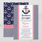 Roze, Navy Anchor Nautical Baby Shower Invitaties Kaart (Voorkant / Achterkant)