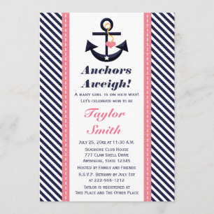 Roze, Navy Anchor Nautical Baby Shower Invitaties Kaart