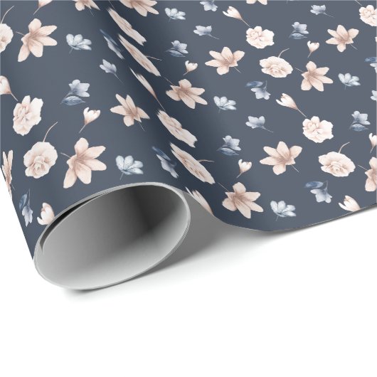 Roze Navy Blauw Bloem Cadeaupapier (Rol Hoek)