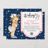 Roze Navy Blauw Meisje Nautisch Baby shower Kaart (Voorkant / Achterkant)