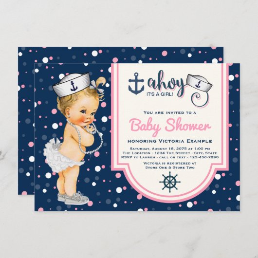 Roze Navy Blauw Meisje Nautisch Baby shower Kaart (Voorkant / Achterkant)
