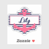 Roze & Navy Blauwe Ankernaam Sticker voor School (Vel)
