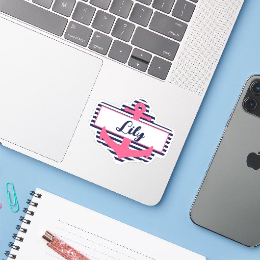 Roze & Navy Blauwe Ankernaam Sticker voor School (Laptop met iPhone)