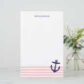 Roze & Navy Blauwe Nautische Strepen & Schattige A Briefpapier (Staand voorkant)