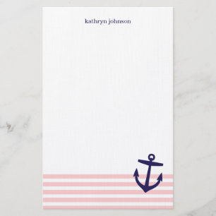 Roze & Navy Blauwe Nautische Strepen & Schattige A Briefpapier