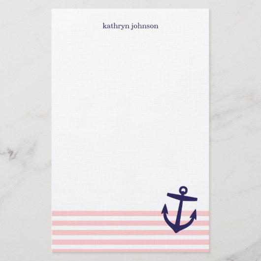 Roze & Navy Blauwe Nautische Strepen & Schattige A Briefpapier (Voorkant)