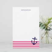 Roze & Navy Blauwe Nautische Strepen & Schattige A Briefpapier (Staand voorkant)