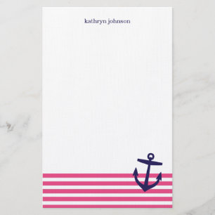 Roze & Navy Blauwe Nautische Strepen & Schattige A Briefpapier