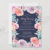 Roze Navy  Bloemen Baby shower Uitnodiging (Voorkant)