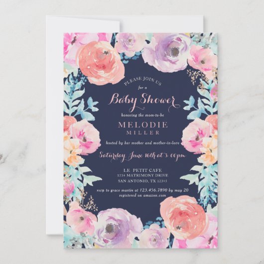 Roze Navy  Bloemen Baby shower Uitnodiging (Voorkant)