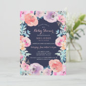 Roze Navy  Bloemen Baby shower Uitnodiging (Staand voorkant)