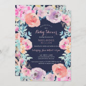Roze Navy  Bloemen Baby shower Uitnodiging (Voorkant / Achterkant)