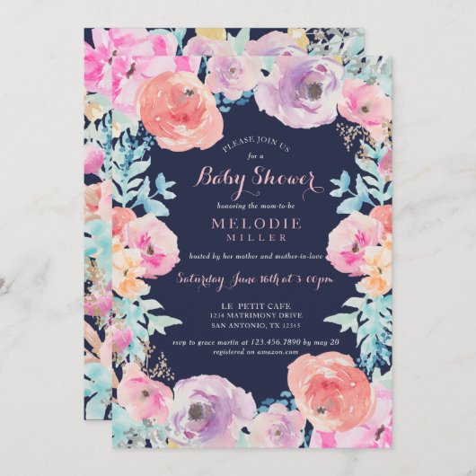 Roze Navy Bloemen Baby shower Uitnodiging (Voorkant / Achterkant)